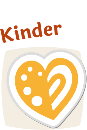 Oranges Herz mit weißen Mustern und Punkten, darüber der Schriftzug „Kinder“.
