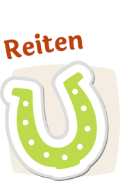 Grünes Hufeisen mit weißen Punkten, darüber der Schriftzug „Reiten“.