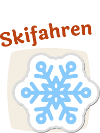 Blaue Schneeflocke mit weißen Rändern, darüber der Schriftzug „Skifahren“.