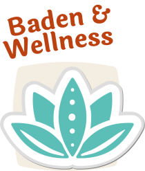 Türkise Lotusblüte mit weißen Details, darüber der Schriftzug „Baden & Wellness“.