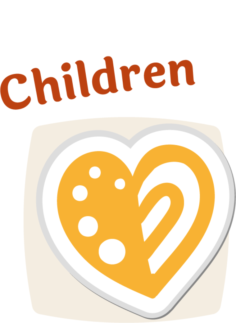 Orange heart with white patterns and dots, with the text “Children” above.
