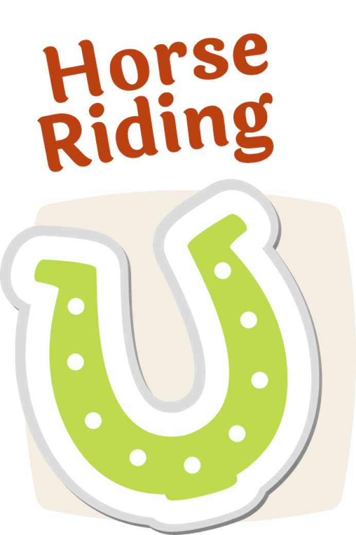 Green horseshoe with white dots, with the text “Horse Riding” above.