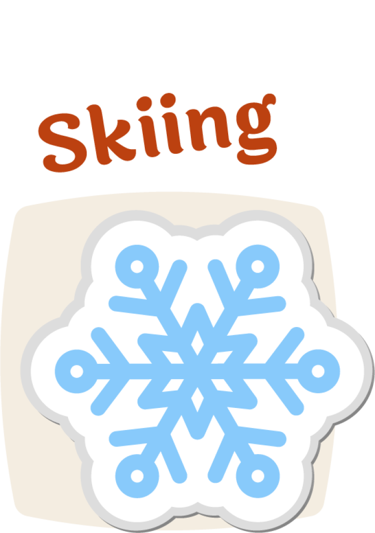 Blue snowflake with white edges, with the text “Skiing” above.