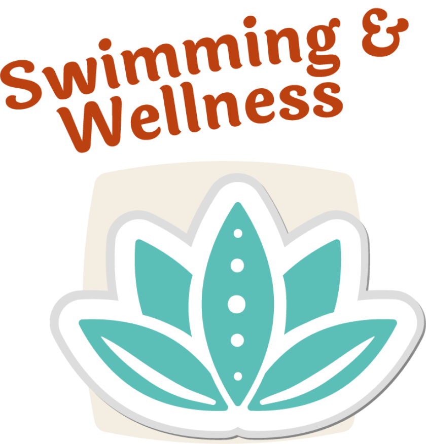 Turquoise lotus flower with white details, with the text “Swimming & Wellness” above.