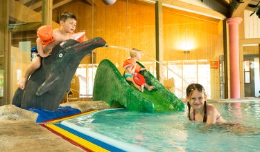 Kinder spielen im Wasser mit einem Delfin- und Dinosaurier-Spielzeug.