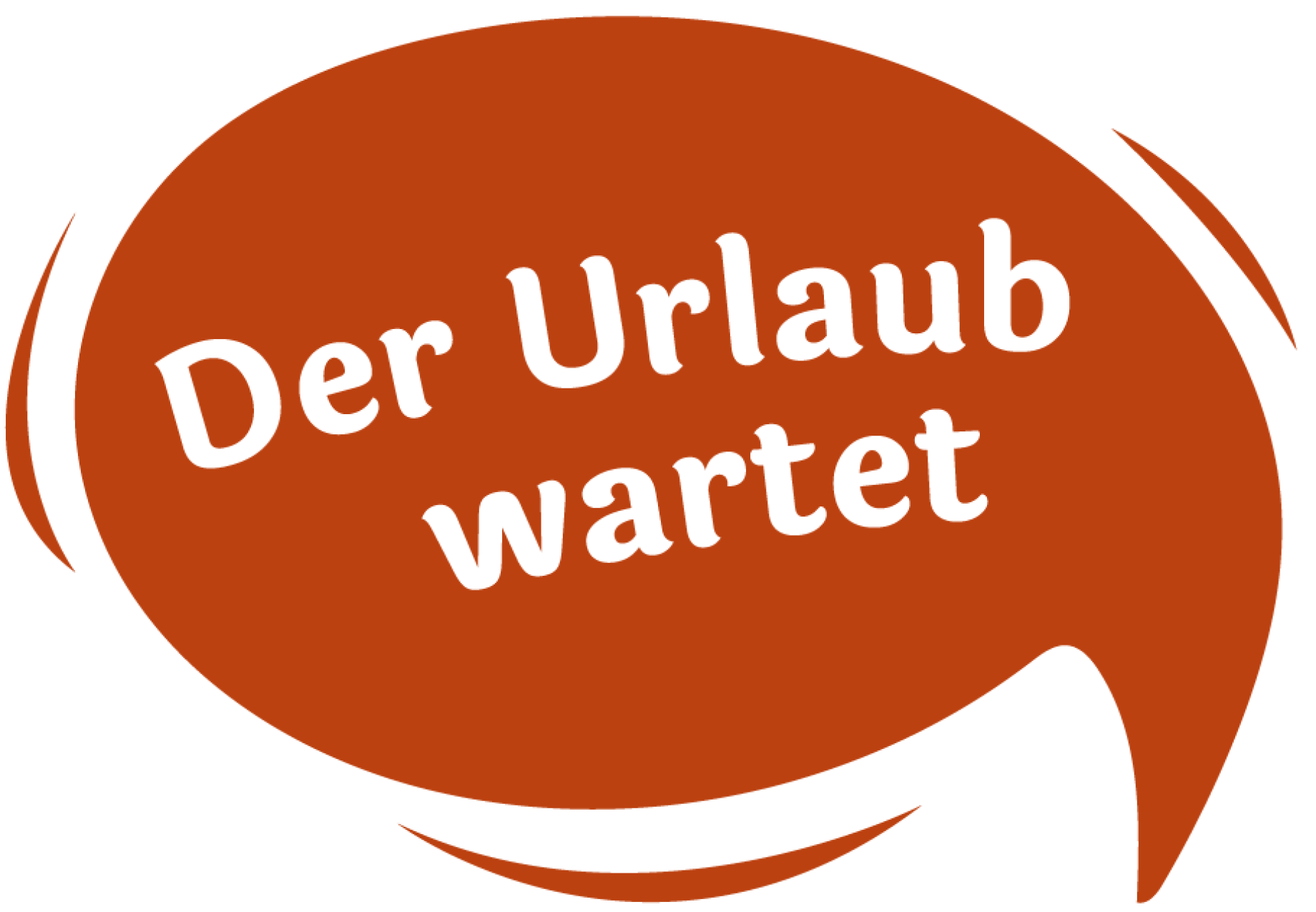 Orangefarbene Sprechblase mit dem Text „Der Urlaub wartet“.