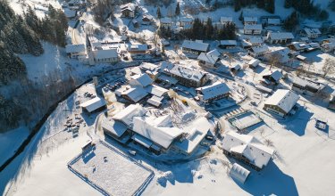 Das Bild zeigt ein verschneites Dorf in den Bergen mit mehreren Häusern und Bäumen.
