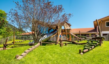 Der Spielplatz mit einer großen Rutsche, einem Klettergerüst und einem Baum.