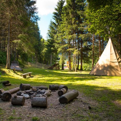 Ein Zelt im Wald mit einem Lagerfeuerplatz im Vordergrund.