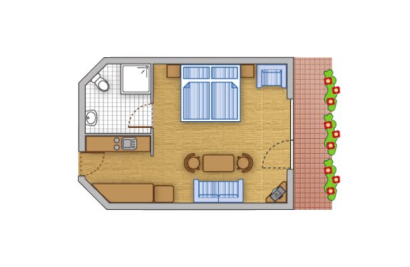Grundriss mit einem Apartment, das zwei Schlafzimmer, ein Badezimmer und eine Küche umfasst.