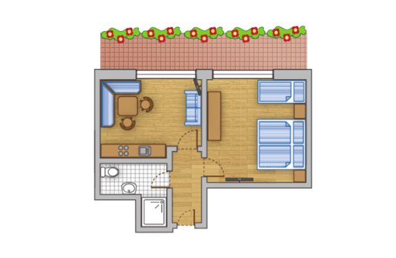 Der Grundriss zeigt eine Ferienwohnung mit einem Schlafzimmer, einem Bad, einem Wohnbereich und einer kleinen Küche.