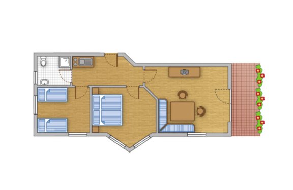 Grundriss mit zwei Schlafzimmern, Küche, Wohnzimmer und Badezimmer.