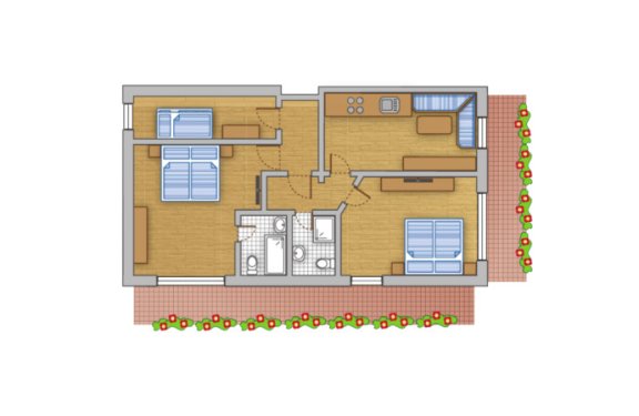 Grundriss mit einem Schlafzimmer, Küche, Essbereich und zwei Badezimmern.
