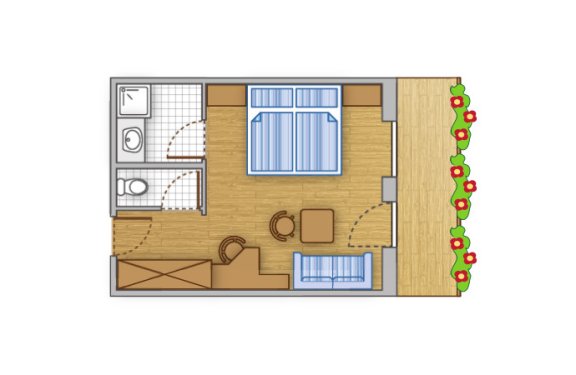 Grundriss mit einem Schlafzimmer, Bad, Wohnbereich und Balkon.