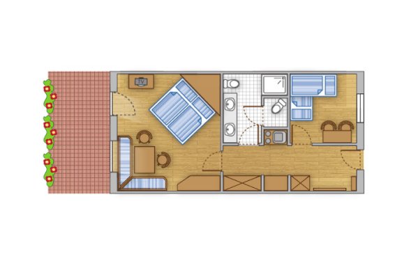 Grundriss mit einem Schlafzimmer, Küche, Wohnzimmer und Badezimmer.