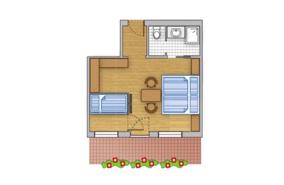 Der Grundriss zeigt eine Ferienwohnung mit zwei Schlafzimmern, einem kleinen Esstisch, einer Küchenzeile und einem Bad.