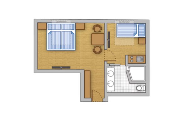 Grundriss mit Schlafzimmer, Bad, Wohnbereich und Küche.