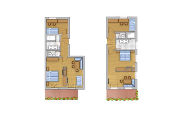 Grundriss mit zwei Apartments, jeweils Schlafzimmer, Bad, Küche und Essbereich.