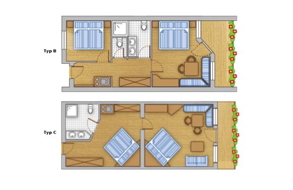 Grundrisse der Apartmenttypen B und C mit Schlafzimmer, Bad und Balkon